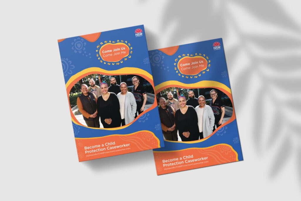 Two booklets with a design over them. There is a group of 6 people standing smiling at the camera with digital organic shapes around.