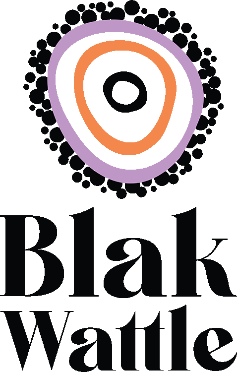 A black, orange and purple organic circle icon with Blak Wattle written underneath.