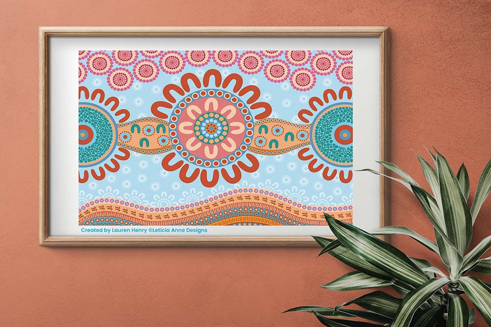 A framed picture of a pastel coloured digital artwork. The artwork has 3 larger circles in the middle with U shapes around them.