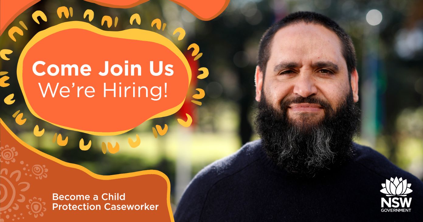 A picture of a man with a long beard smiling. There is text saying 'Come Join Us, We're Hiring' over orange organic circles.