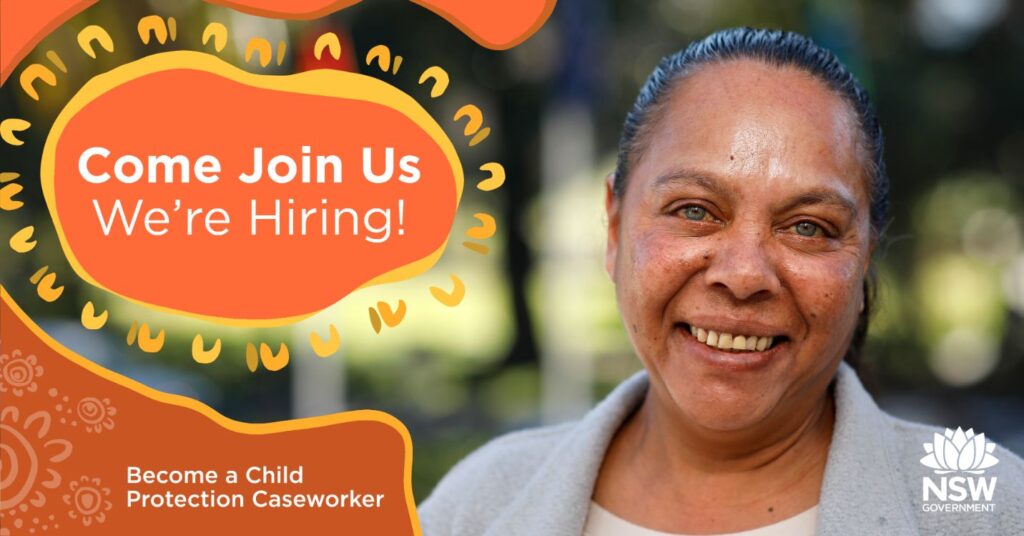 A picture of a woman smiling. There is text saying 'Come Join Us, We're Hiring' over orange organic circles.