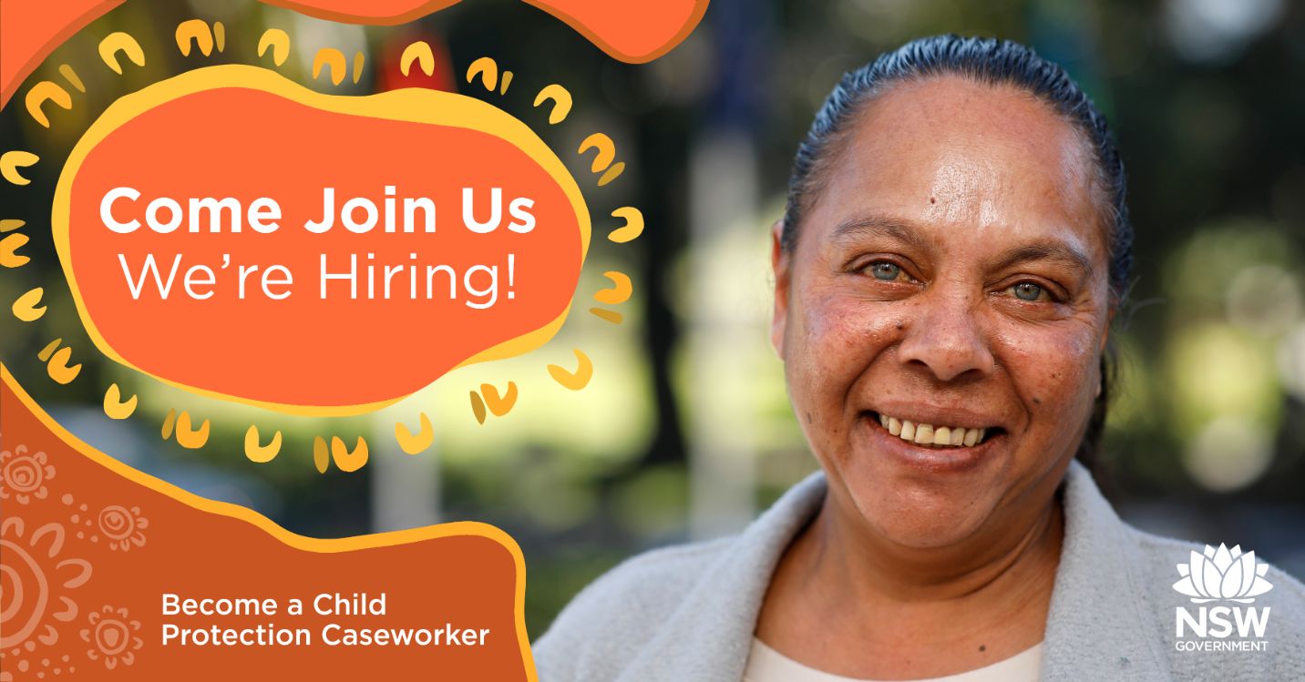 A picture of a woman smiling. There is text saying 'Come Join Us, We're Hiring' over orange organic circles.