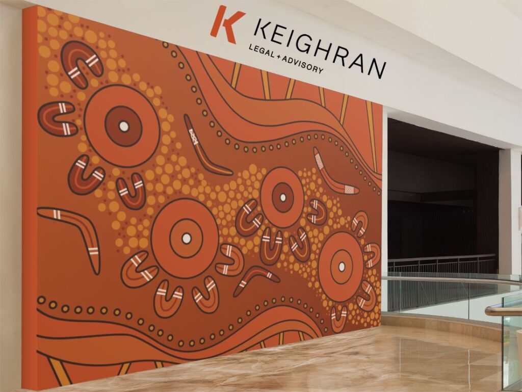 A large canvas on a wall with an orange Aboriginal artwork over it.