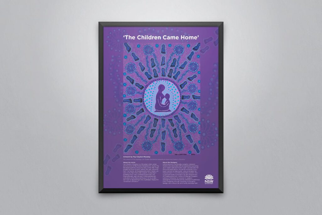 A large framed artwork hanging on the wall. The artwork is purple with two people in the middle and the caption 'The Children Came Home'.