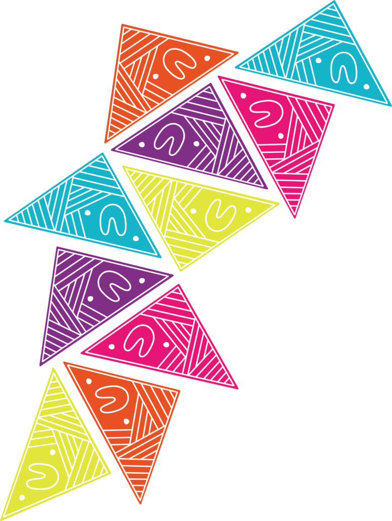 Coloured geometric shapes with lines and Aboriginal symbols through them