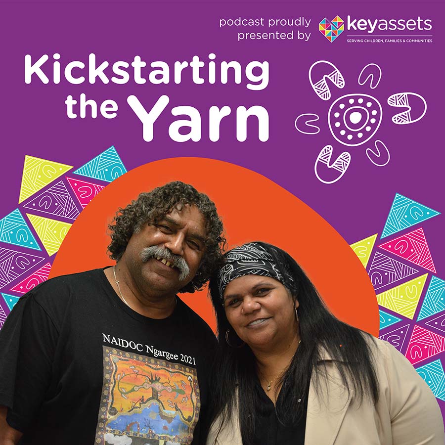 Purple poster with two people smiling and it saying kickstarting the yarn