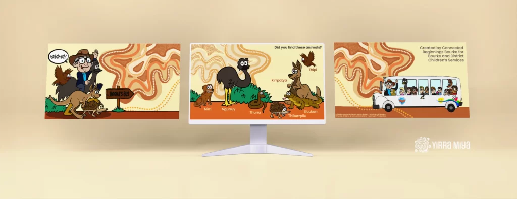 3 digital artworks of Aboriginal artwork and cartoon drawings