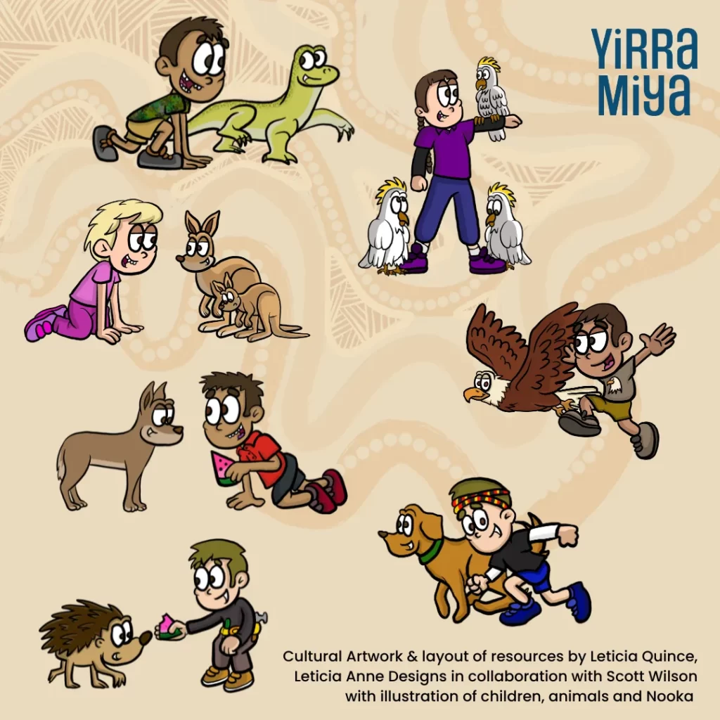 A page of different cartoon drawings of people and animals. Caption says Cultural Artwork and layout of resources by Leticia Quince, Leticia Anne Designs in collaboration with Scott Wilson with illustration of children, animals and Nooka