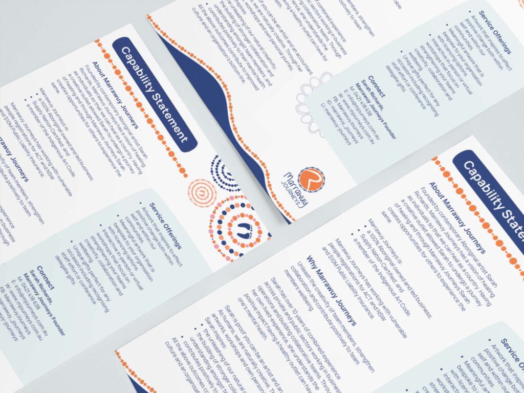 3 pamphlets with information about capability statement for Marrawuy Journeys.